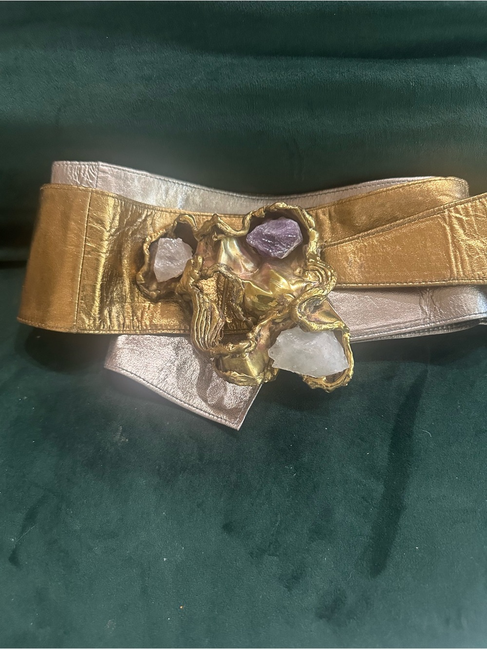 Carvalhu brutalist raw amethyst quartz stone brass buckle 2 leather belts